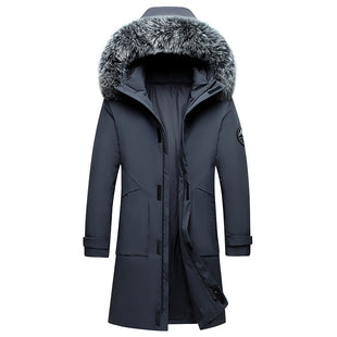 Abrigo para hombre con cuello de piel de zorro, ropa de hombre con capucha, chaqueta de plumas de longitud media, abrigo cálido resistente al frío