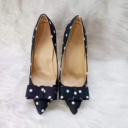 Black Satin Polka-dot High-heeled Shoes Female Stiletto Pointed Shallow Mouth Single Shoes