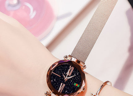 Luxury Women Watches Mesh Ladies Clock Magnet Buckle Starry Diamond Geometric Surface Quartz Wristwatch