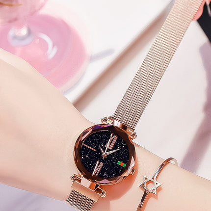 Luxury Women Watches Mesh Ladies Clock Magnet Buckle Starry Diamond Geometric Surface Quartz Wristwatch