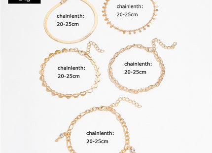 5 Pcs Women Fashion Gold Color Heart Crystal Key Anklets For Women Trendy Snake Chain Anklets For Women Foot Jewelry Gifts