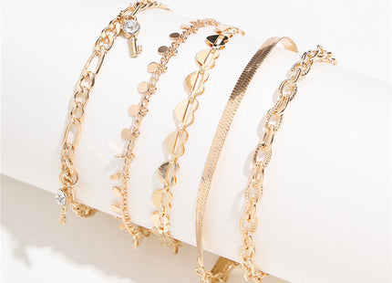 5 Pcs Women Fashion Gold Color Heart Crystal Key Anklets For Women Trendy Snake Chain Anklets For Women Foot Jewelry Gifts