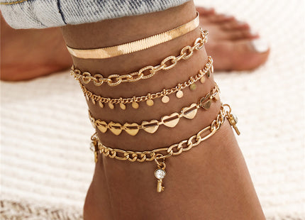 5 Pcs Women Fashion Gold Color Heart Crystal Key Anklets For Women Trendy Snake Chain Anklets For Women Foot Jewelry Gifts