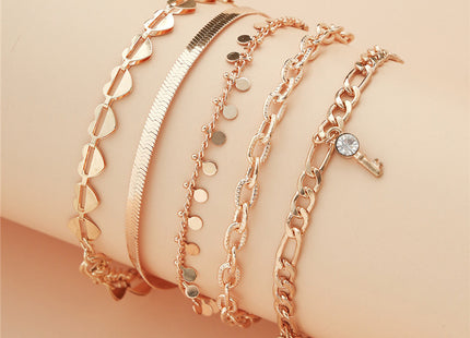 5 Pcs Women Fashion Gold Color Heart Crystal Key Anklets For Women Trendy Snake Chain Anklets For Women Foot Jewelry Gifts