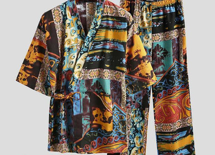 Men Pajamas Sets Men Half Sleeve V Neck Printed Lace Up