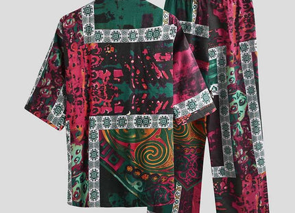 Men Pajamas Sets Men Half Sleeve V Neck Printed Lace Up