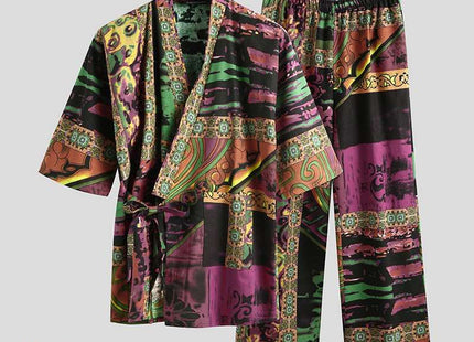 Men Pajamas Sets Men Half Sleeve V Neck Printed Lace Up