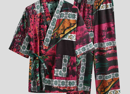 Men Pajamas Sets Men Half Sleeve V Neck Printed Lace Up