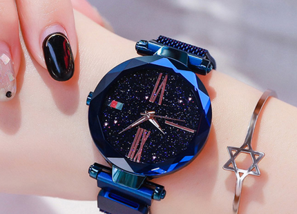 Luxury Women Watches Mesh Ladies Clock Magnet Buckle Starry Diamond Geometric Surface Quartz Wristwatch