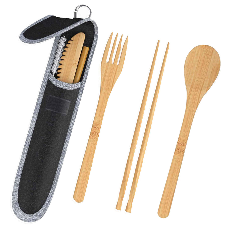 Juego de cubiertos portátiles de bambú con pajitas y palillos de acero inoxidable