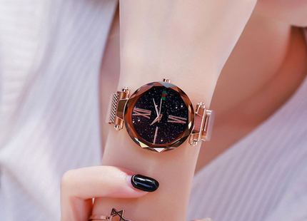 Luxury Women Watches Mesh Ladies Clock Magnet Buckle Starry Diamond Geometric Surface Quartz Wristwatch