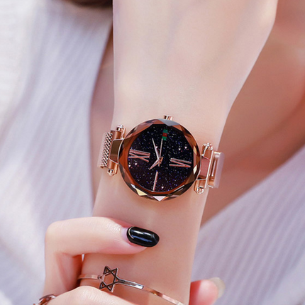 Luxury Women Watches Mesh Ladies Clock Magnet Buckle Starry Diamond Geometric Surface Quartz Wristwatch