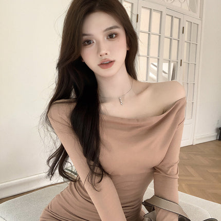Pink Long-sleeved Dresses Women Temperament Waist