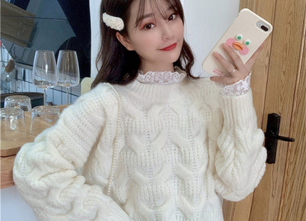 Women's Thickened Sweet Solid Color Large Hemp Flowers Knitwear Sweater