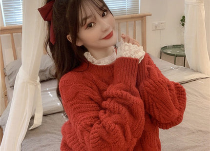 Women's Thickened Sweet Solid Color Large Hemp Flowers Knitwear Sweater