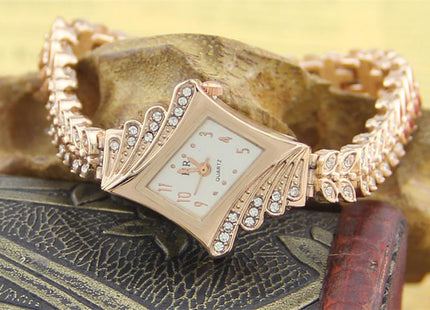 Stone Paved Wheat Shaped Metal Wristwatch for Women Rose Golden Color