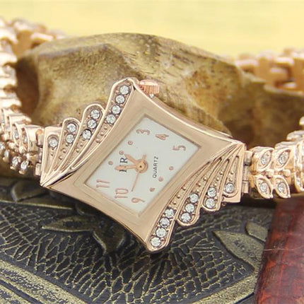 Stone Paved Wheat Shaped Metal Wristwatch for Women Rose Golden Color