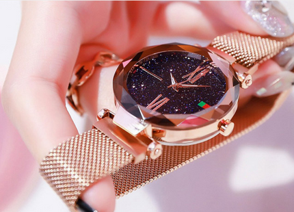 Luxury Women Watches Mesh Ladies Clock Magnet Buckle Starry Diamond Geometric Surface Quartz Wristwatch