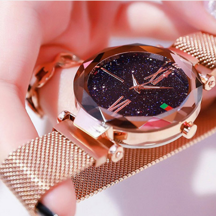 Luxury Women Watches Mesh Ladies Clock Magnet Buckle Starry Diamond Geometric Surface Quartz Wristwatch