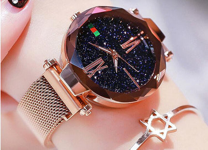 Luxury Women Watches Mesh Ladies Clock Magnet Buckle Starry Diamond Geometric Surface Quartz Wristwatch