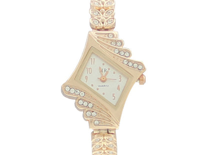 Stone Paved Wheat Shaped Metal Wristwatch for Women Rose Golden Color