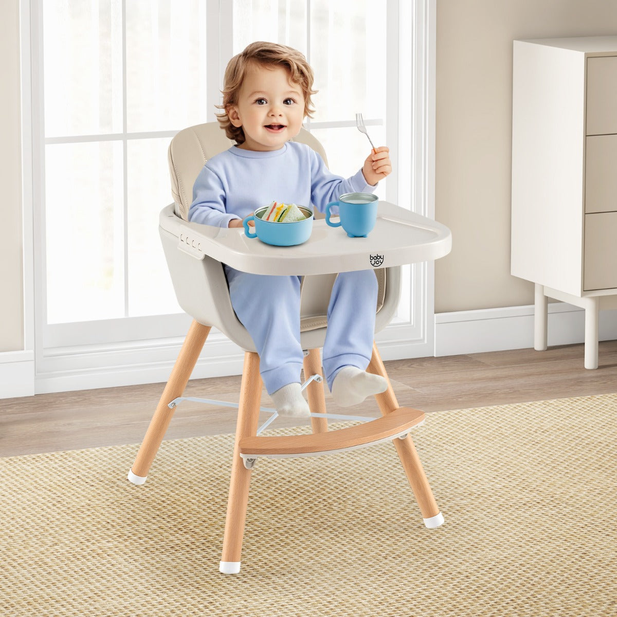 NNECW 3 in 1 Baby High Chair with Adjustable Legs and Tray for Dining-White-4