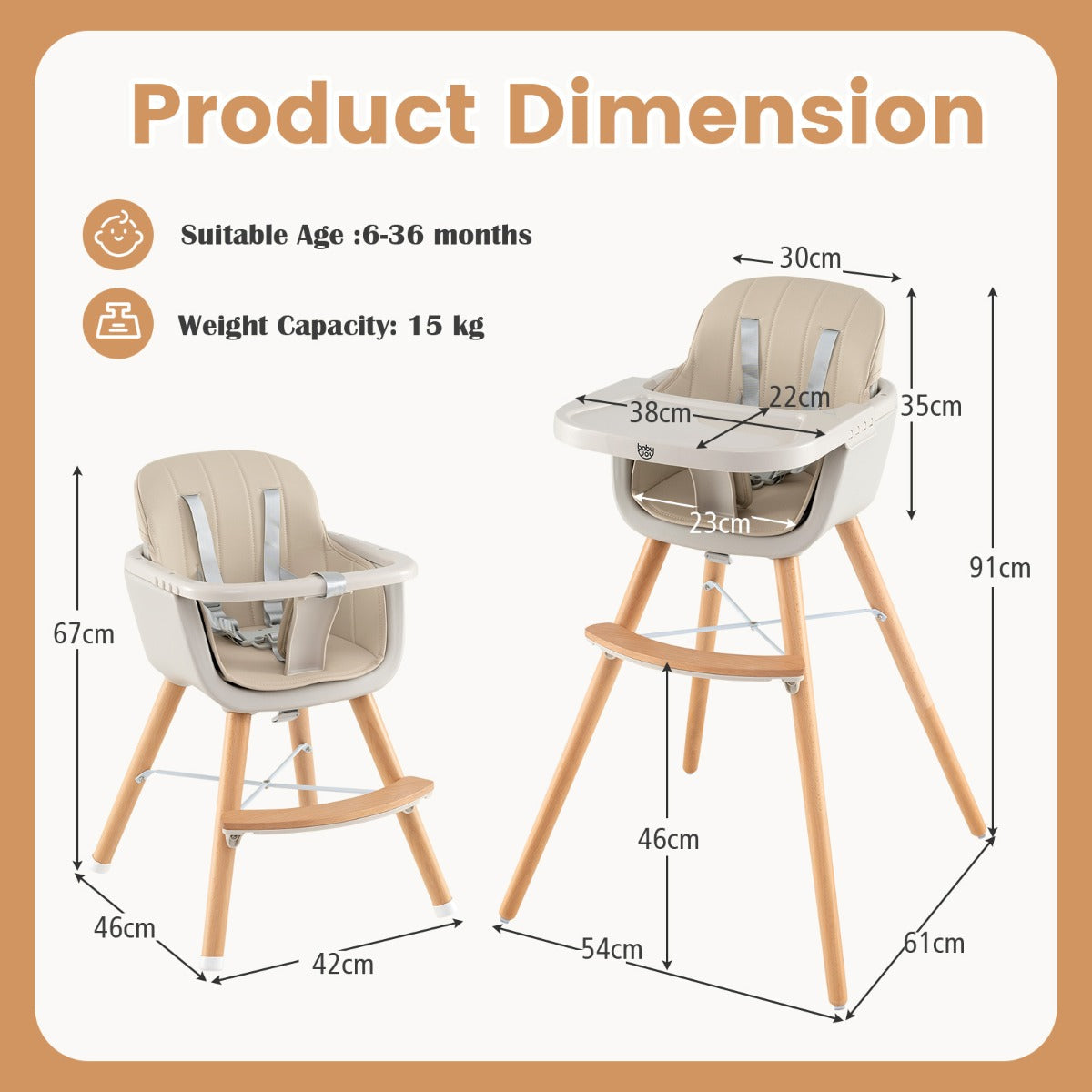 NNECW 3 in 1 Baby High Chair with Adjustable Legs and Tray for Dining-White-3