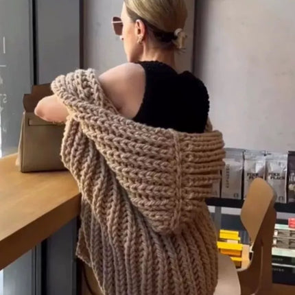 Hooded Thick Pattern Loose Knitted Cardigan Woven Design Sweater
