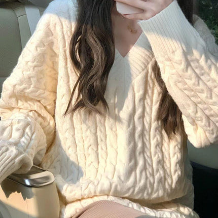 Women's V-neck Twist Lazy Gentle Bow Autumn And Winter Loose Velvet Thickened