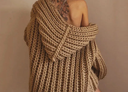 Hooded Thick Pattern Loose Knitted Cardigan Woven Design Sweater