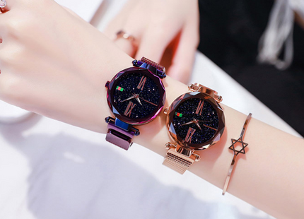 Luxury Women Watches Mesh Ladies Clock Magnet Buckle Starry Diamond Geometric Surface Quartz Wristwatch