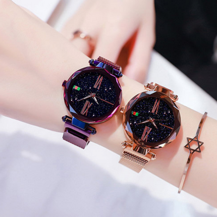 Luxury Women Watches Mesh Ladies Clock Magnet Buckle Starry Diamond Geometric Surface Quartz Wristwatch