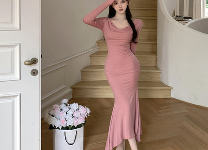 Pink Long-sleeved Dresses Women Temperament Waist