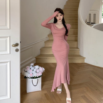 Pink Long-sleeved Dresses Women Temperament Waist