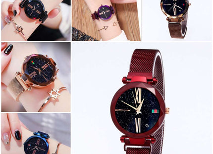 Luxury Women Watches Mesh Ladies Clock Magnet Buckle Starry Diamond Geometric Surface Quartz Wristwatch