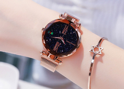 Luxury Women Watches Mesh Ladies Clock Magnet Buckle Starry Diamond Geometric Surface Quartz Wristwatch