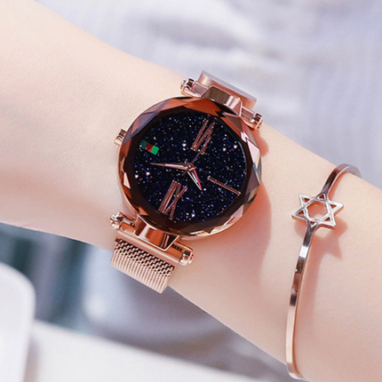 Luxury Women Watches Mesh Ladies Clock Magnet Buckle Starry Diamond Geometric Surface Quartz Wristwatch