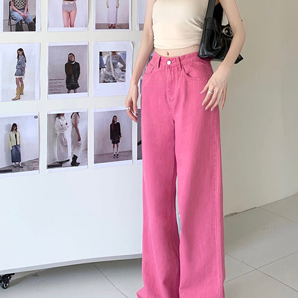 Rose Red High Waisted Straight Leg Jeans For Women