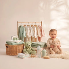A baby sits on a white rug holding a teddy bear, surrounded by baby accessories and clothing in a soft neutral nursery setting. A wooden clothing rack holds pale green, cream, white, and blush tops, next to a wicker basket with folded textiles, a green teddy bear, a bottle, a cup, and small toys.