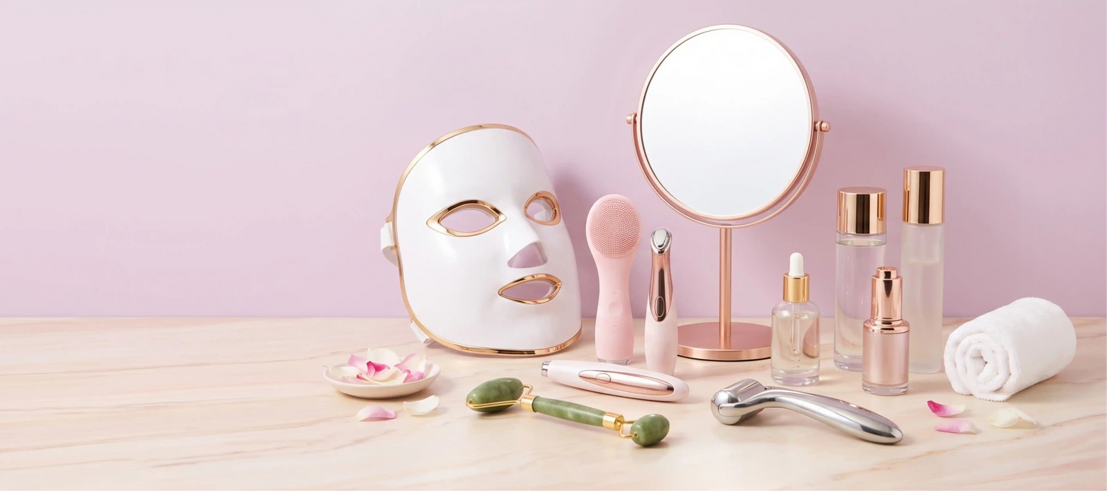 A collection of pink and rose gold skincare and beauty tools arranged on a light wood table against a soft pink background, including a face mask, mirror, bottles, and massage tools.