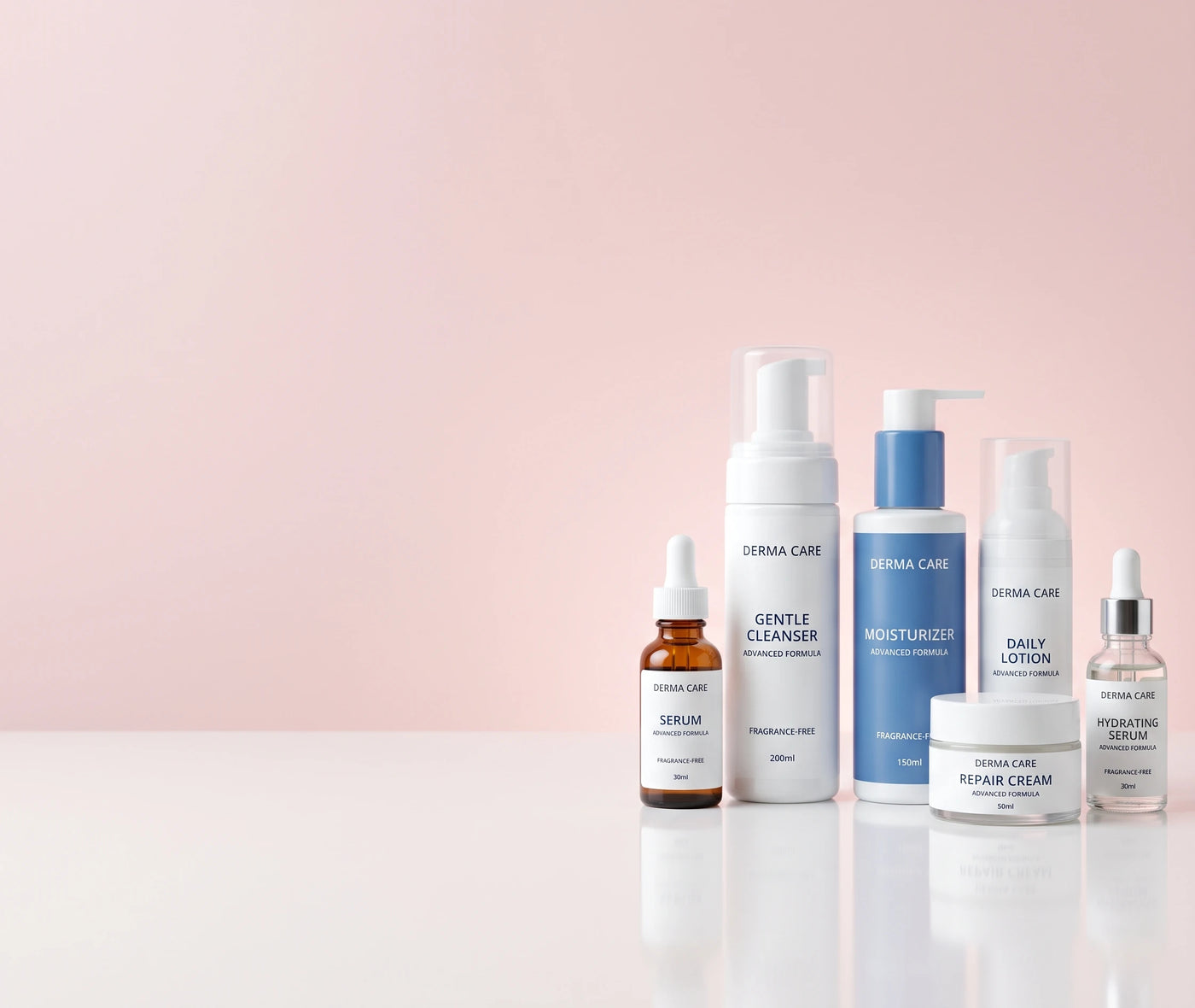 A set of six Derma Care skincare bottles and jars arranged on a reflective white surface against a soft pink background. The products include a serum in an amber bottle, a gentle cleanser in a white pump bottle, an inoturdote moisturizer in a blue pump bottle, a daily lotion in a white pump bottle, a repair cream in a white jar, and a hydrating serum in a clear bottle with a silver dropper.