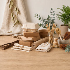 A styled flat-lay of eco-friendly reusable tableware and packaging on a light wood tabletop, including paper food containers, kraft paper plates and napkins, wooden cutlery, a rolled burlap table mat, and natural fiber cleaning brushes, with plants and a linen drape in the background.
