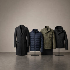 Four outerwear garments displayed on mannequins against a neutral studio backdrop: a long dark coat, a navy puffer jacket, an olive green utility-style jacket, and a black hooded jacket.