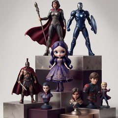 A collection of stylized superhero and fantasy character figurines displayed on metallic risers against a light gray studio background. The set includes a female warrior with a spear, a blue armored figure, a chibi-style purple-haired princess, a Spartan-like warrior, and several smaller character busts and figures.