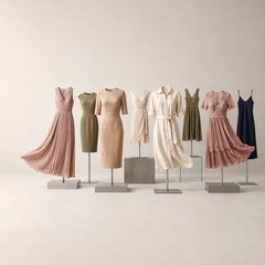 Nine women's dresses displayed on dress forms against a warm off-white studio background. The collection includes pleated and draped silhouettes in dusty pink, olive green, beige, cream, and navy blue, each shown on its own mannequin.
