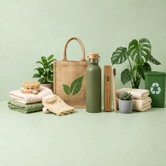 A styled eco-friendly product set on a light sage green background, featuring a natural jute tote bag with a green leaf print, a matte olive green water bottle with a wooden cap, bamboo toothbrushes, folded beige towels, a small potted succulent, and a green recycling bin.