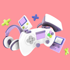 A stylized 3D render of gaming accessories floating on a pink background, including a white game controller with purple and green accents, white and purple headphones, a small white handheld game console, and a purple handheld game console with colorful buttons.