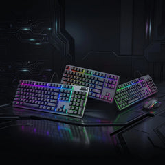 Three RGB backlit mechanical gaming keyboards are arranged on a dark futuristic desk with a matching RGB mouse, set against a dark sci-fi circuit-board background.