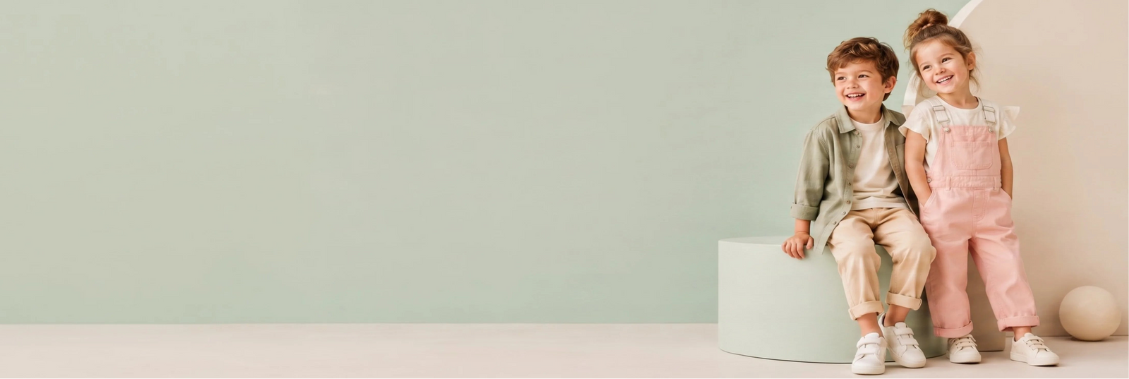 Two young children sitting on a white block against a pale mint green background. The boy wears a green shirt and beige pants, and the girl wears a pink top and light pink pants.