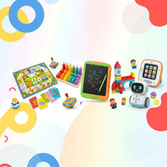 A colorful assortment of children's toys arranged on a light background with abstract circular and organic shapes. Visible items include a board game, a rainbow-colored crayon set, a green-framed drawing tablet, a toy phone, a rocket, building blocks, a small robot toy, cards, and spinning tops.